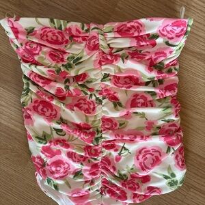 Zara Pink and Green Floral Strapless Top